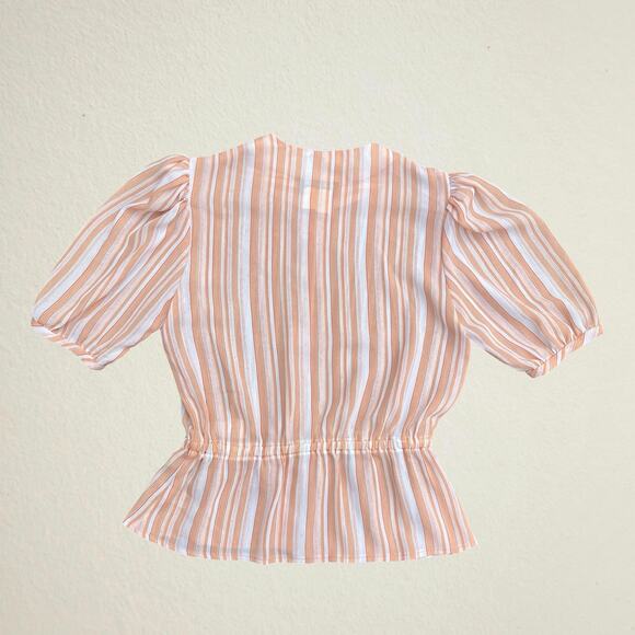 Vintage 70s striped button up blouse, short puff sleeve, cinched tie waist, prep - Picture 3 of 11